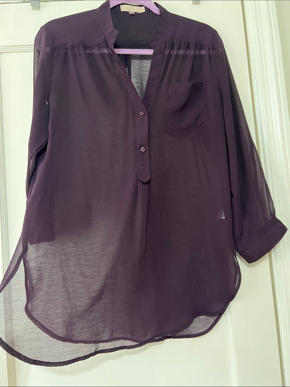 Sheer Plum Fun 2 Fun V-Neck Blouse - Women’s Long Sleeve Top